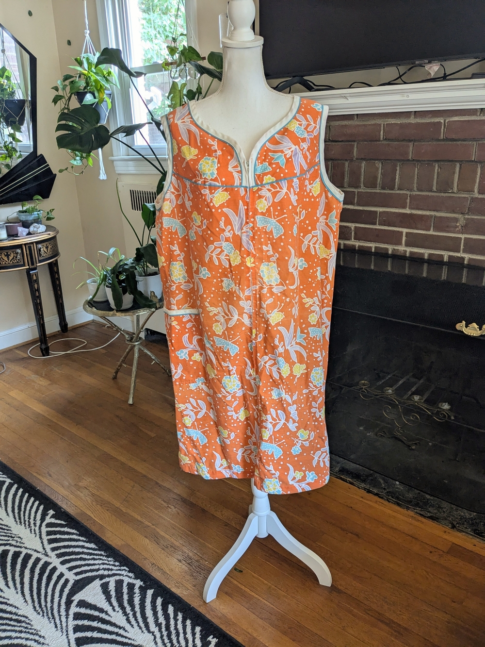 1970s Orange Floral Print House Dress
